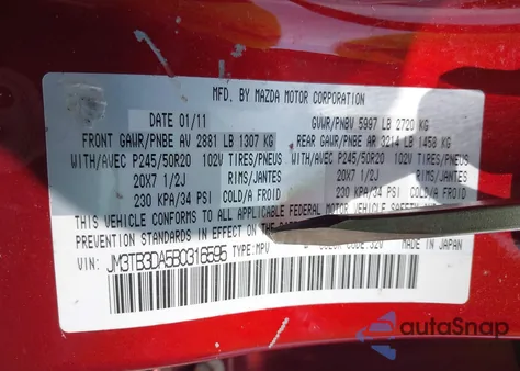 2011 Mazda Cx-9 Grand Touring z USA, uszkodzony, nr VIN JM3TB3DA5B0316595